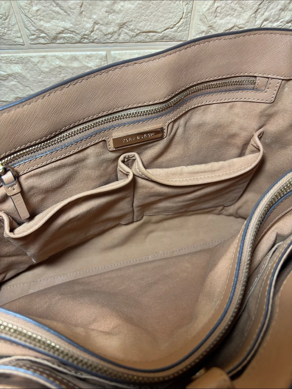 Tory Burch Tan Saffiano Leather Tote with Gold Logo 14.5”x11”x5.5”